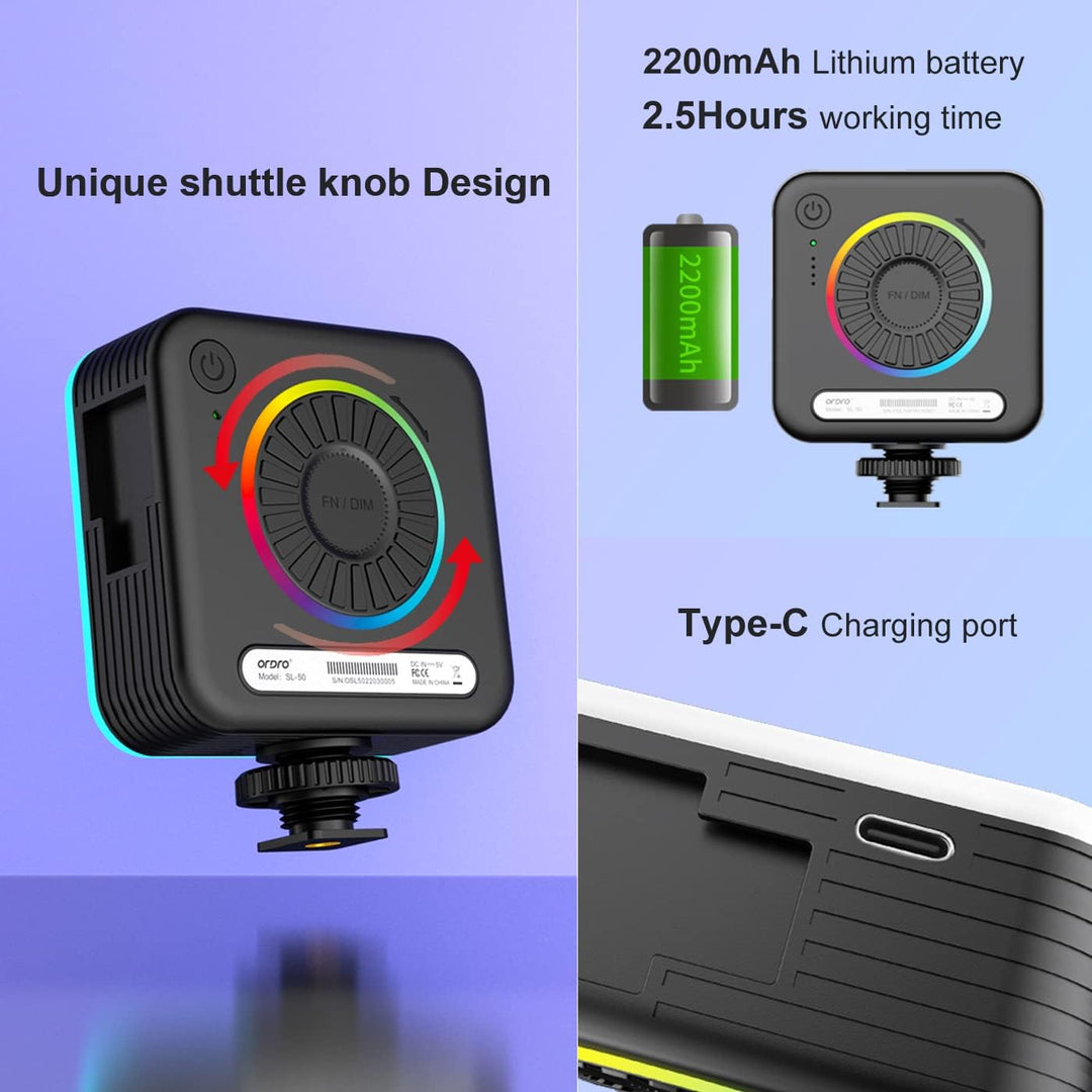 ORDRO SL-50 RGB LED Videoleuchte, Mini LED Kameraleuchte mit 108 LEDs, 3 Kaltschuhhalterungen, Wiede