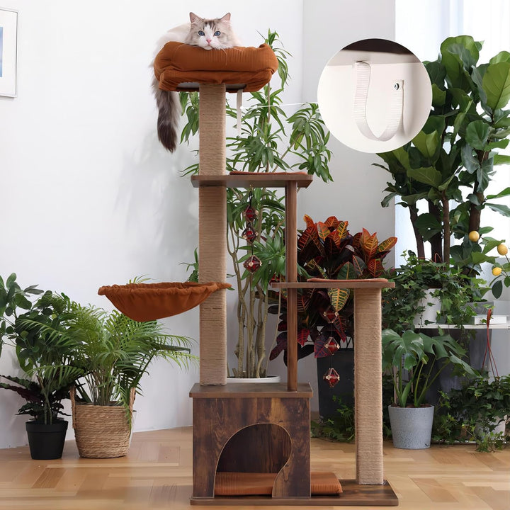 FUKUMARU Kratzbaum, 135 cm hoher Kratzbaum, mit Juteseil-Kratzpfosten und Hängematte, Katzenbaum mit