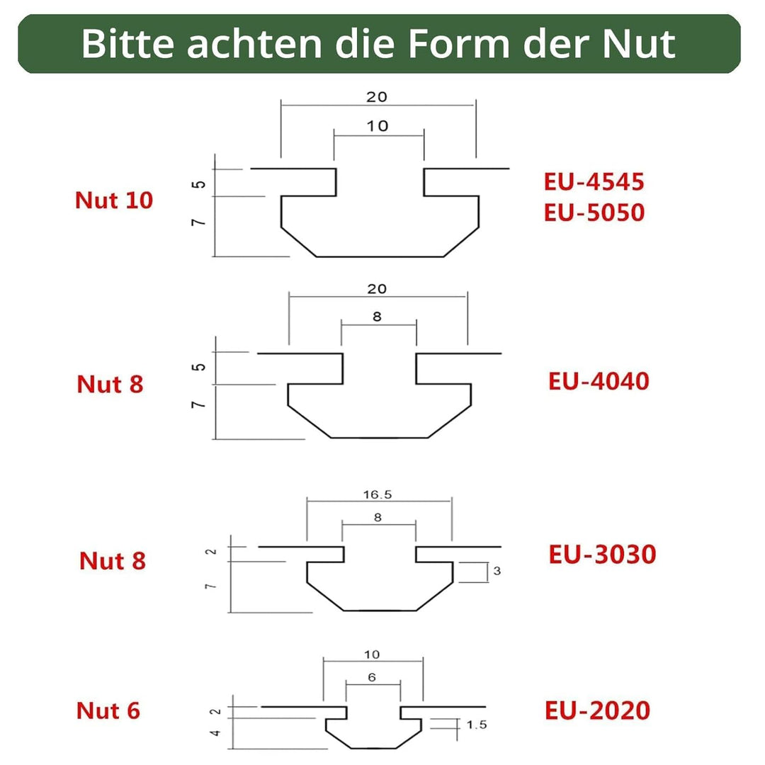 EYPINS 100x Nutensteine M5 Nut 8 mit Zentrierung Steg und Federkugel, Hammermutter 30x30 Stahl Verzi