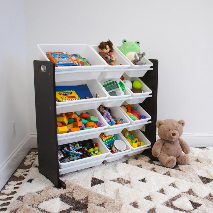 Humble Crew WO562 Kinderregal - Spielzeugregal-Organizer aus Holz mit 12 Aufbewahrungsboxen, Espress