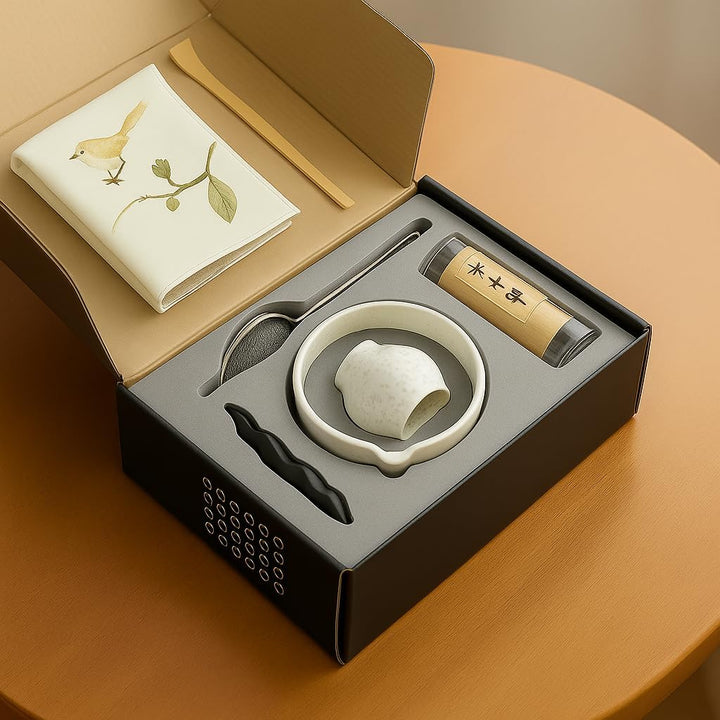 Matcha Set 7-teilig – Premium Tee Set mit Keramik Matcha Schale, Bambus Schneebesen (Chasen), Sieb &