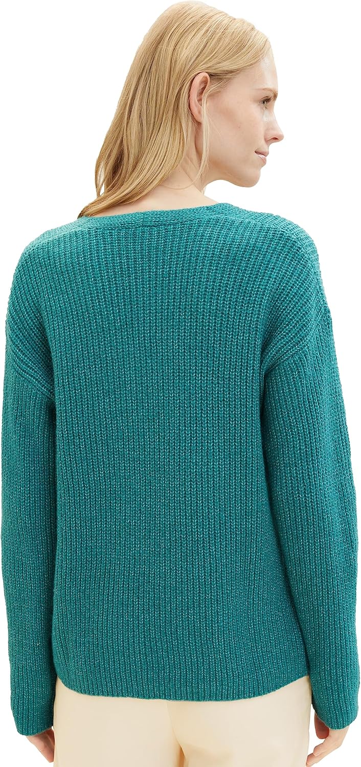 Tom Tailor Damen 1042956 RIPP Strickpullover mit V-Ausschnitt S 32402-ever Green Melange, S 32402-ev