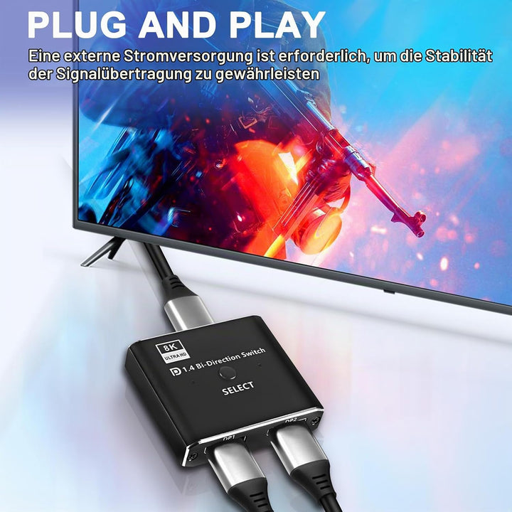 XMSJSIY DisplayPort Switch 8K Bidirektionaler DP 1.4 Switcher 1.4 in 2-Ausgang Ausgang 2 in 1-Ausgan