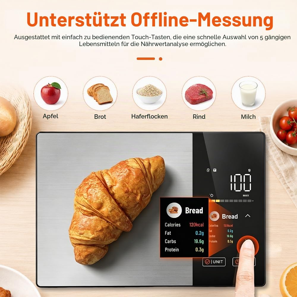 Küchenwaage Digital, SGZIOO Food Scale, Lebensmittelwaage mit TFT Farbdisplay Kalorienrechner Kosten