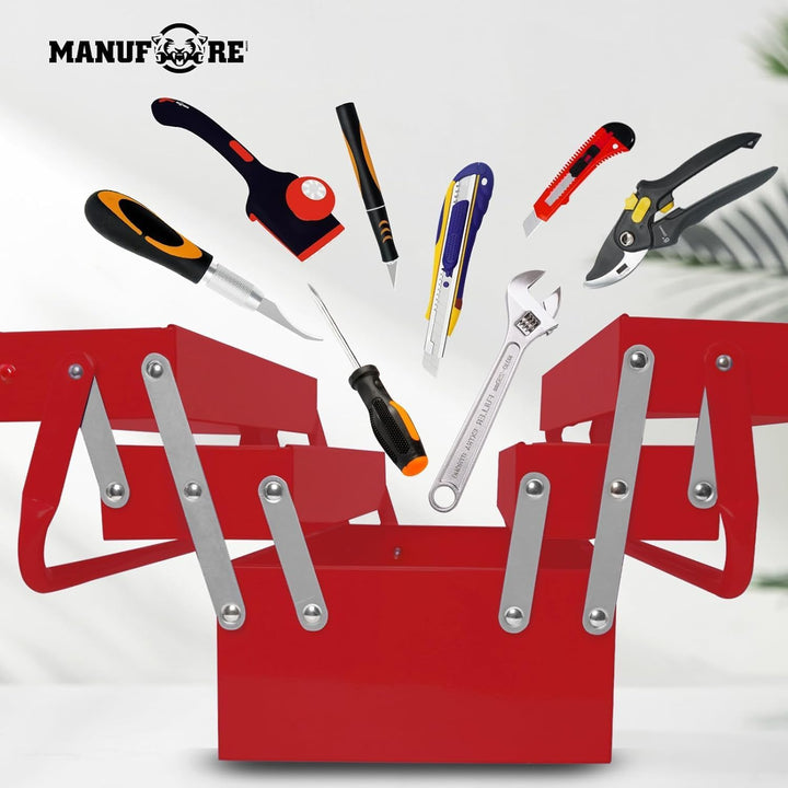MANUFORE Leere Werkzeugkiste aus Metall, 3 Lagig Profi Werkzeugkasten mit 5 Fächern, L42 x B21,5 x H