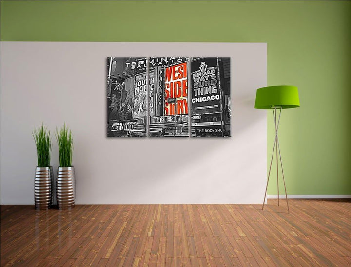 grossartiges Programm des berühmten Broadway's schwarz/weiss Spezial 3-Teiler Leinwandbild 120x80 Bi