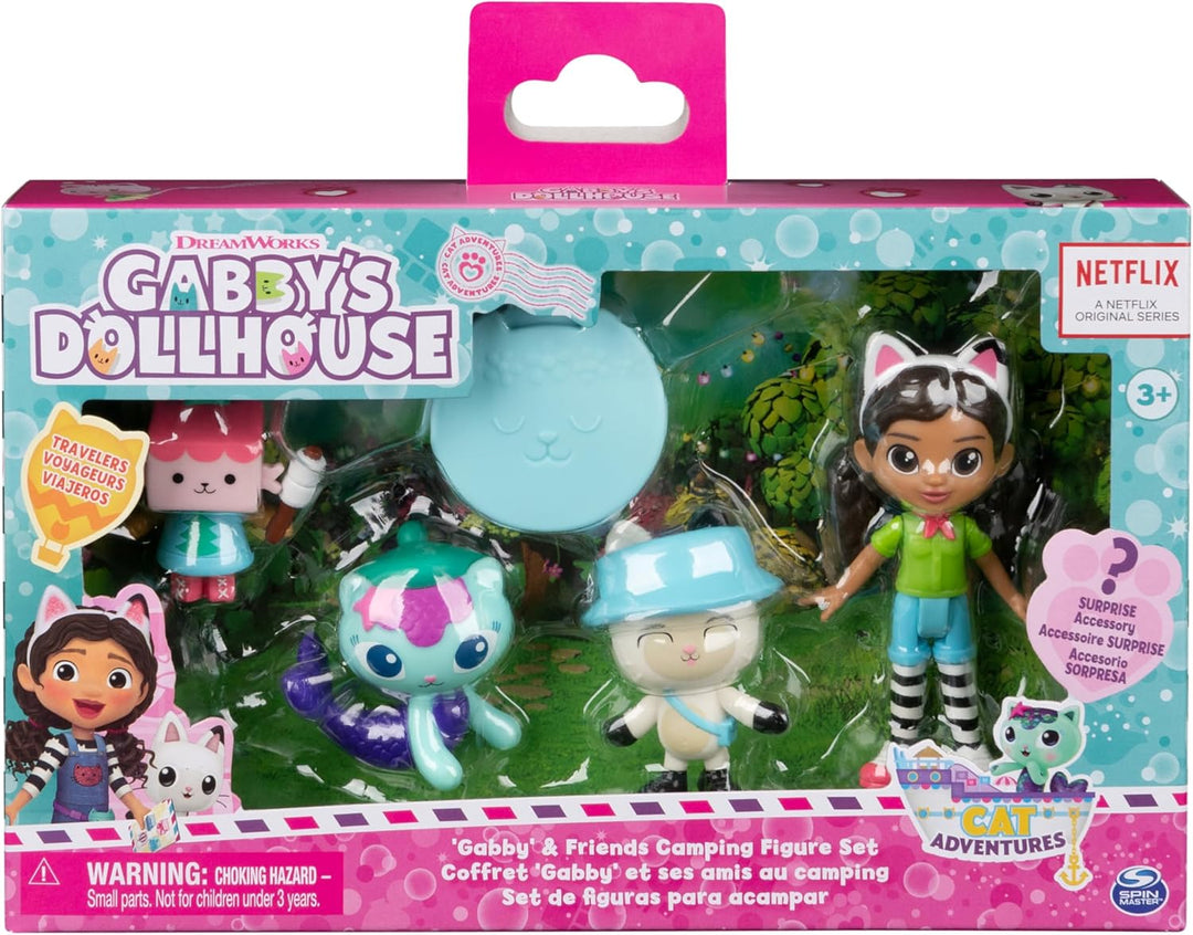 Gabby's Dollhouse, Camping Figuren Set, Gabby mit Panda Pfötchen, Baby Box und Meerkätzchen sowie 1