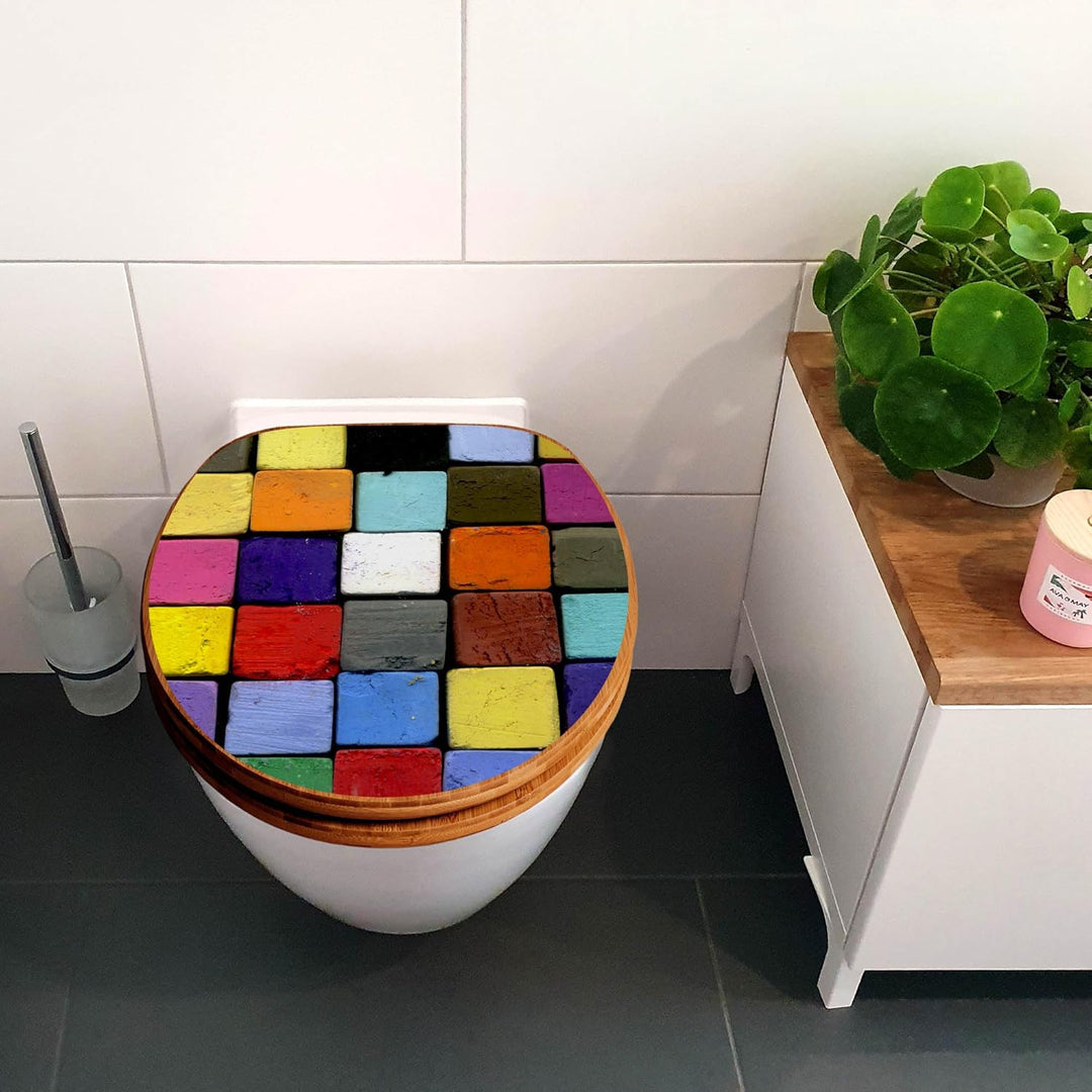 banjado® Design WC Sitz Bambus Absenkautomatik mit Motiv Bunte Kreide/Toilettendeckel mit Absenkauto
