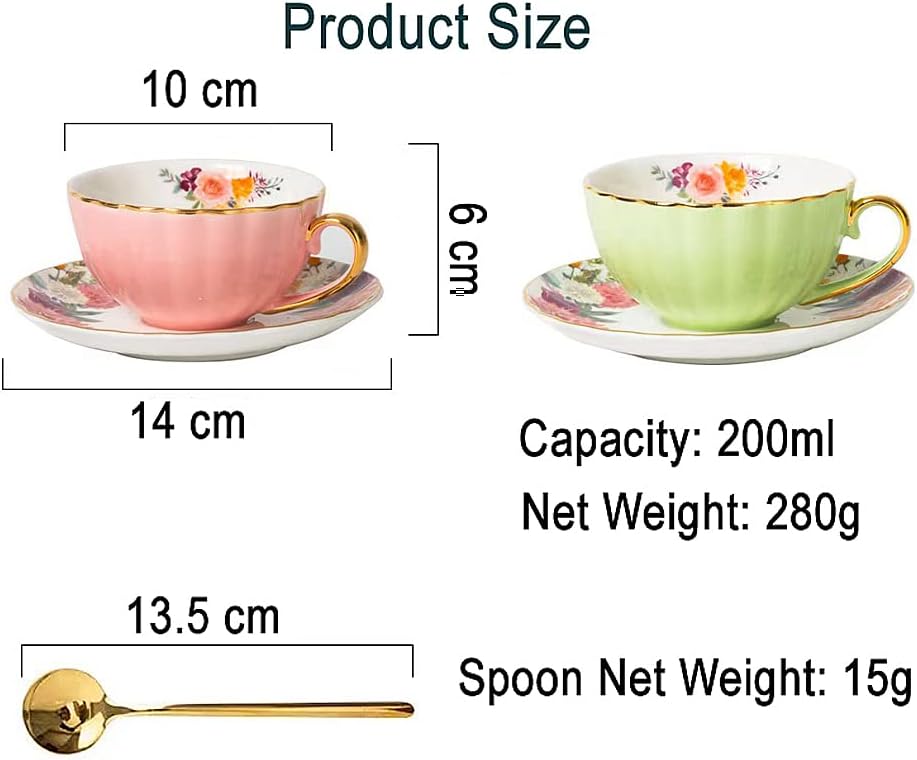 Porzellan Teetasse mit Untertassen und Löffel, 2 Satz von 8 oz Floral Kaffeetasse mit Goldrand Halte