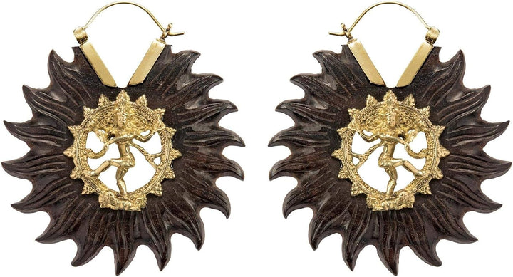 81stgeneration Damen Gold Messing Holz Shiva Tanzen Nataraja Sonne Ethnische Ohrhänger Ohrringe