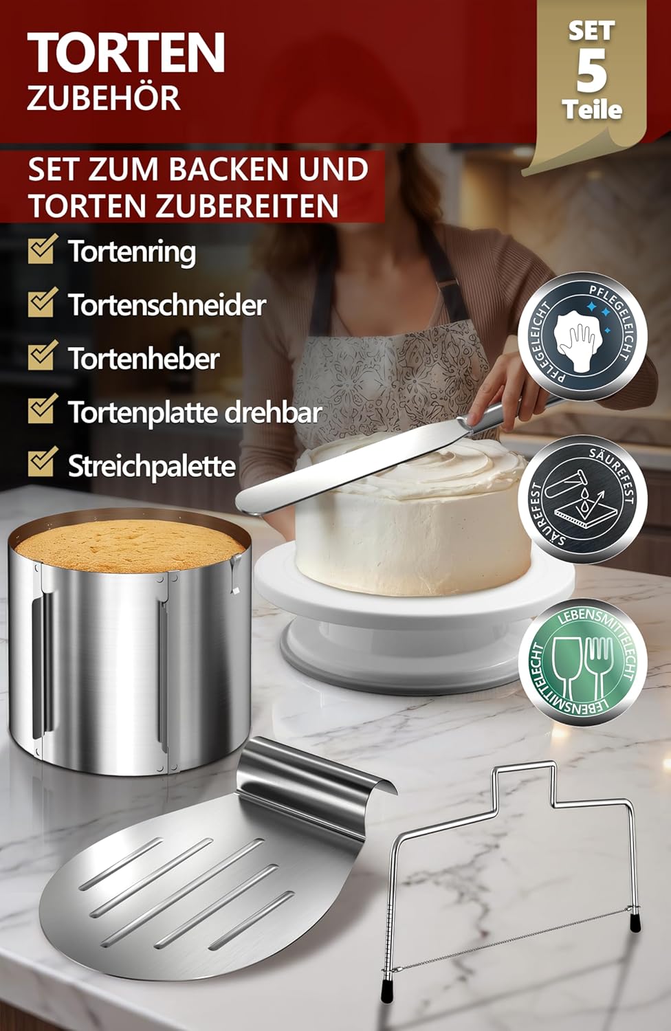 4smile Edelstahl Tortenschneider Set, 5 Teile - Tortenschneider + Tortenring verstellbar hoch 20 cm
