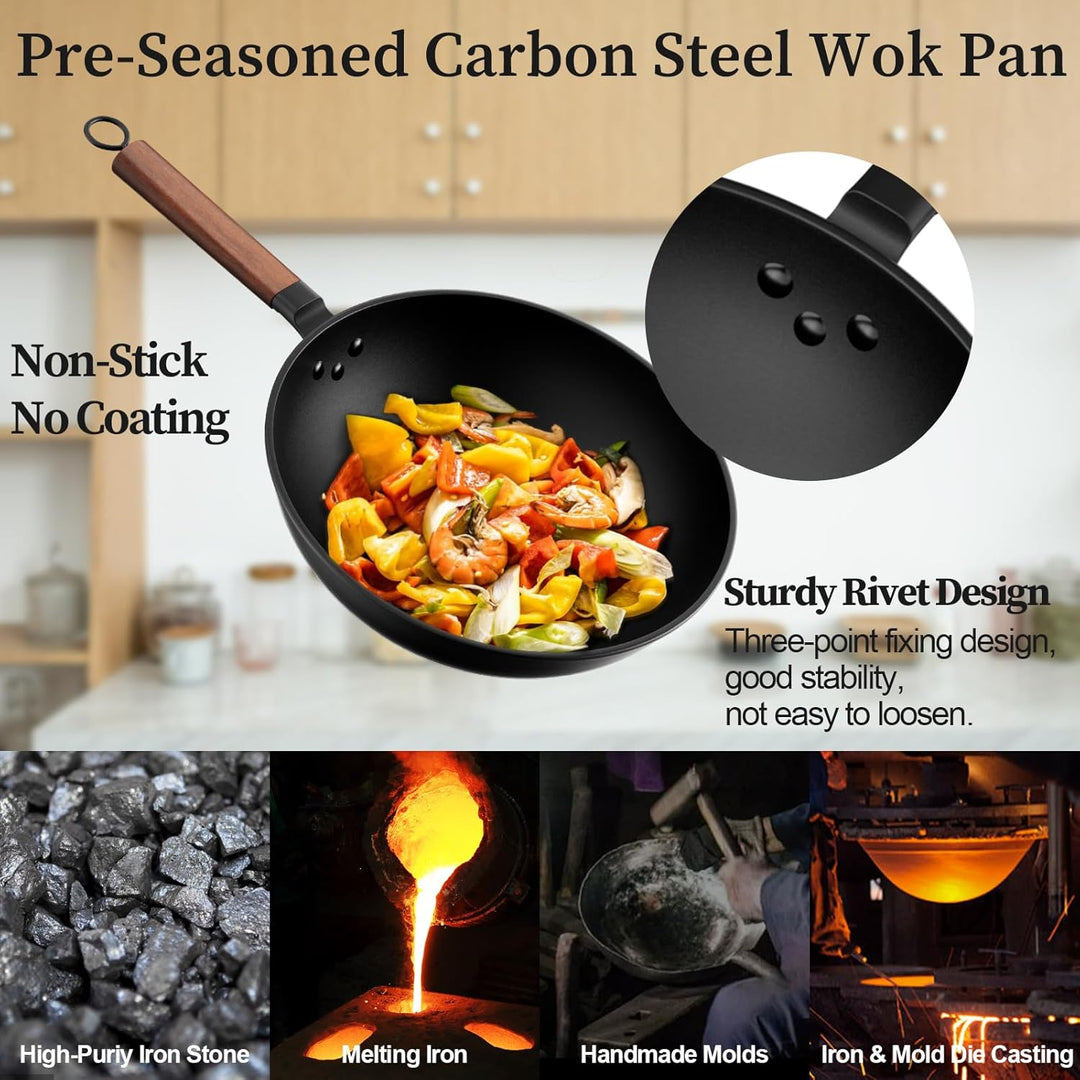 Jobin 33cm/13inch Premium Wokpfanne mit Glasdeckel - Kohlenstoffstahl Wok ohne chemische Beschichtun