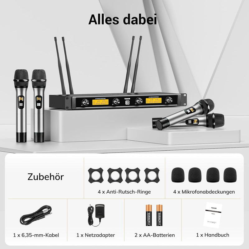 Mikrofon Kabellos Set mit 4x5 Kanälen Metall Funkmikrofon Handmikrofon drahtlos, TONOR 4 Antennen fü