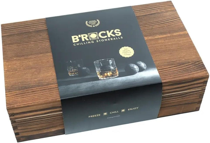 B'ROCKS Premium Kühlsteine | Whisky Steine Set | Geschenkset 4 Granit Steinkugeln 5cm Ø mit 2 Tumble