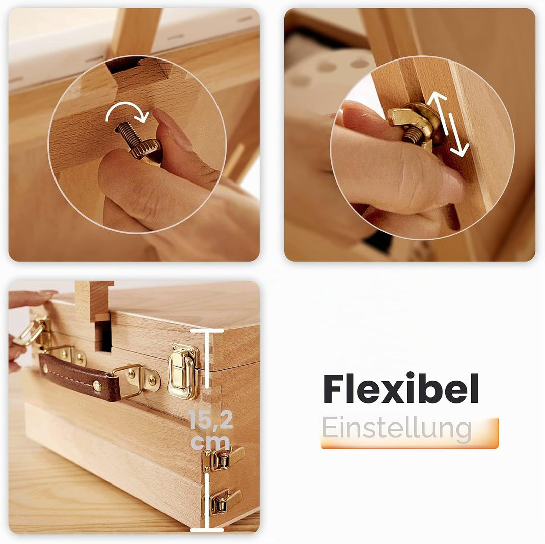 VISWIN Grosse Tisch-Staffelbox mit 3 Schubladen, Hält Leinwände bis zu 63 cm, tragbare Staffeleibox