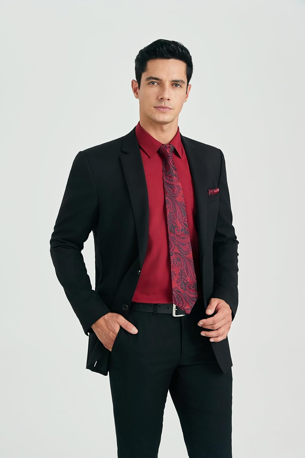 HISDERN Herren Hemd Langarm Einfarbige Hemden mit Krawatte und Taschentuch Formelle Businesshemd Hoc