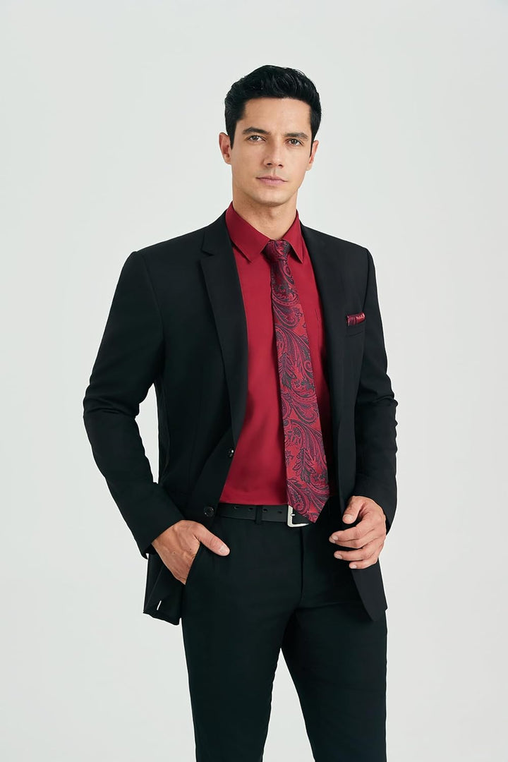 HISDERN Herren Hemd Langarm Einfarbige Hemden mit Krawatte und Taschentuch Formelle Businesshemd Hoc