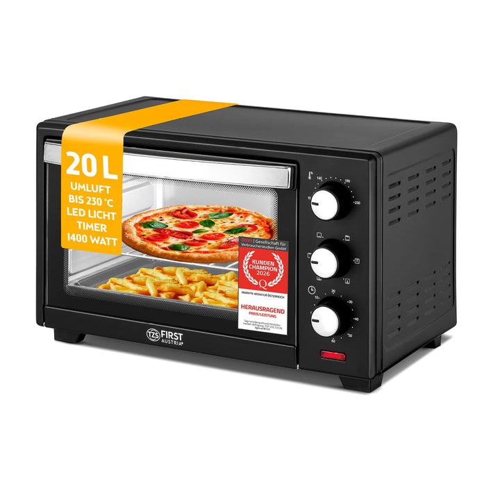 TZS First Austria - 19 Liter Minibackofen mit 1380 Watt schwarz| Unter-Oberhitze bis 230 Grad stufen