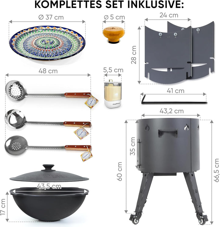 Gusseisen Kazan 16L mit Utschak Feuerofen Ø 44cm | Kasan-Set Runder Boden Deckel | Учаг Feuerschale