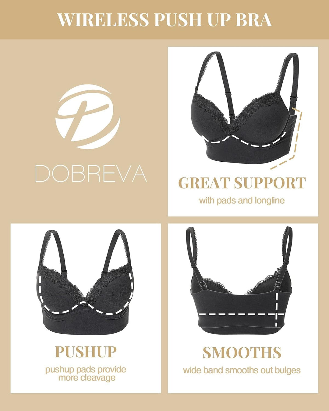 DOBREVA Push Up BH Damen ohne Bügel Soft Gepolstert Bügelloser Bralette mit Spitze 70C Schwarz, 70C