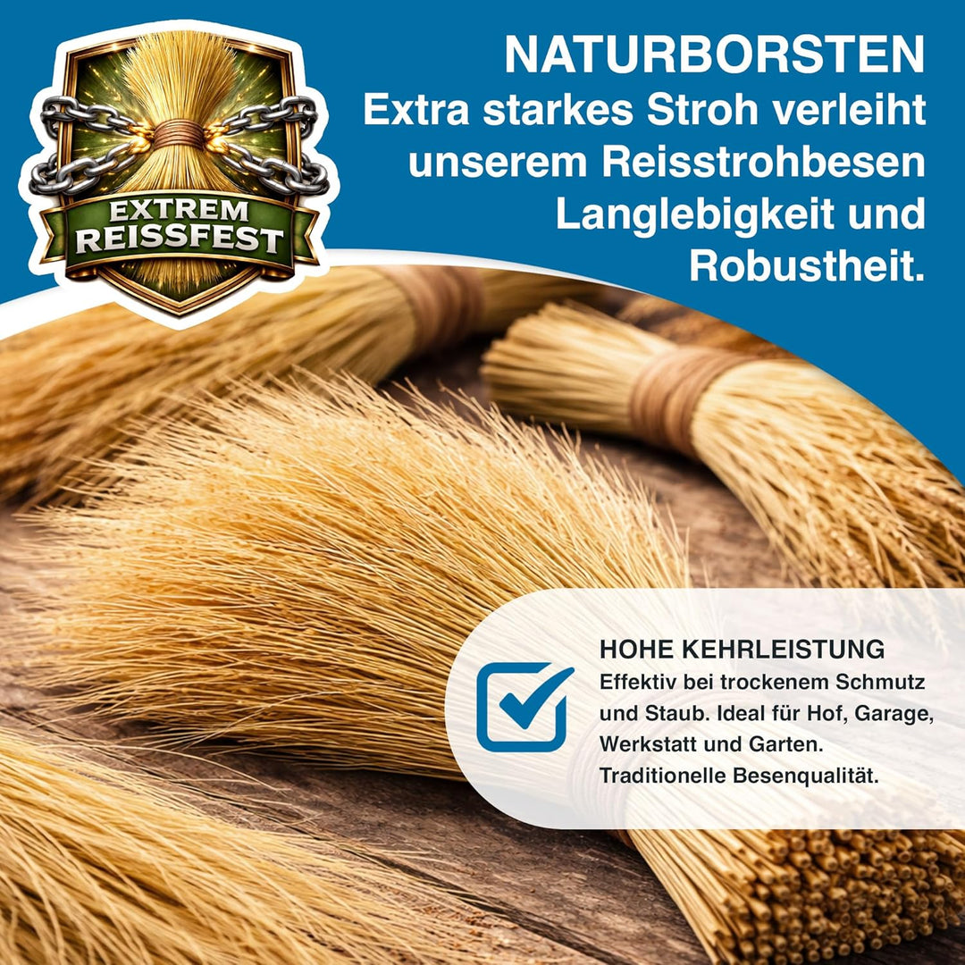 Peggy Perfect - Hochwertiger Strohbesen, Reisstrohbesen mit 5-facher Naht, Buchenholzstiel und extra