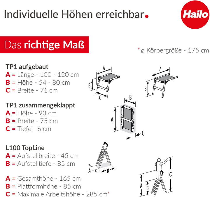 Hailo Stehleiter L100 Topline im Set mit TP1 Treppenpodest - klappbare Aluleiter mit 4 XXL-Sicherhei