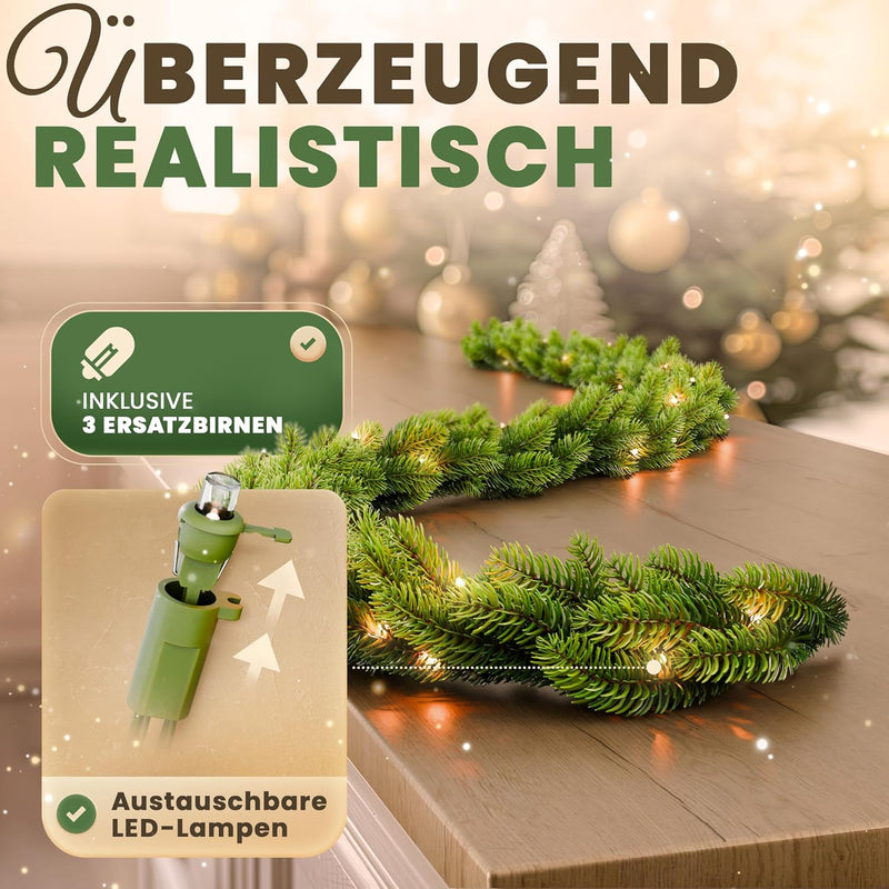 ArtiTree Weihnachtsgirlande - Naturgetreue Tannengirlande, 270cm Grün, LED-beleuchtet, Perfekt für W