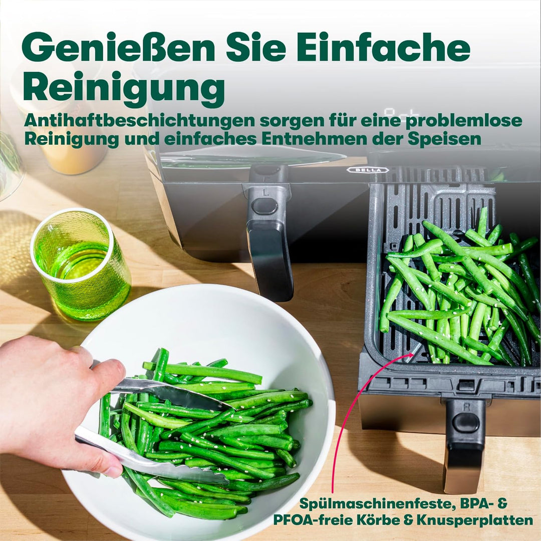 bella 8L Dual Basket Heissluftfritteuse mit Touchscreen, 8 Kochfunktionen, einstellbarer Temperatur,