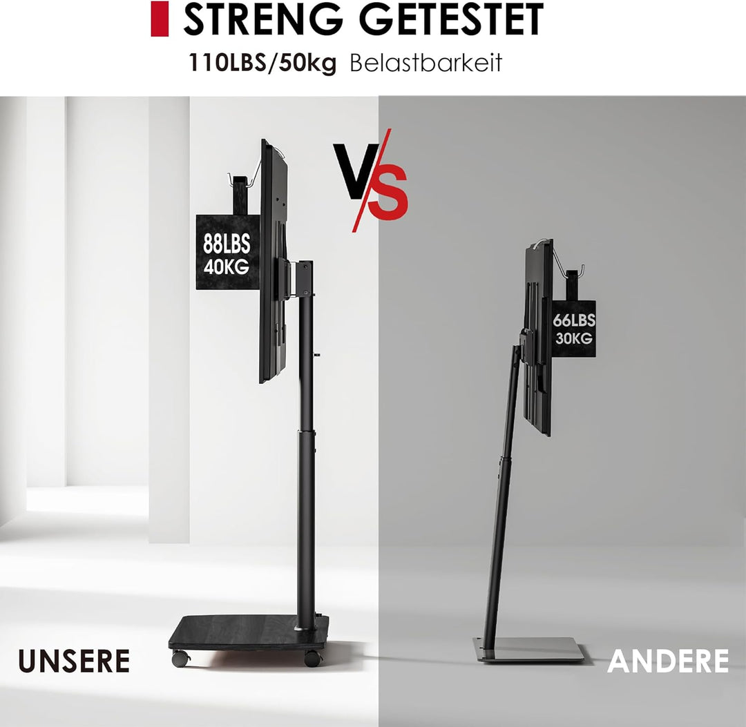 AOKCOS TV Ständer Rollbar mit Holzablage, Fernsehständer auf Rollen für 32-65 Zoll Fernseher, TV Bod