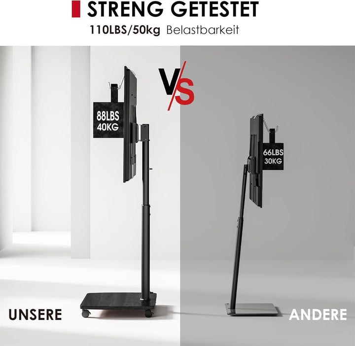 AOKCOS TV Ständer Rollbar mit Holzablage, Fernsehständer auf Rollen für 32-65 Zoll Fernseher, TV Bod