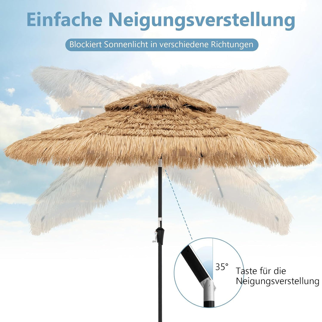 GOPLUS Sonnenschirm Hawaii, Ø 270 cm Strohschirm um 30° knickbar, Strandschirm mit LED-Solar-Beleuch