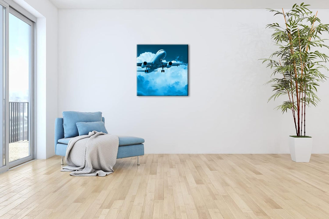 Flugzeit in den Wolken im Format: 60x60 Effekt: Zeichnung als Leinwandbild, Motiv auf Echtholzrahmen