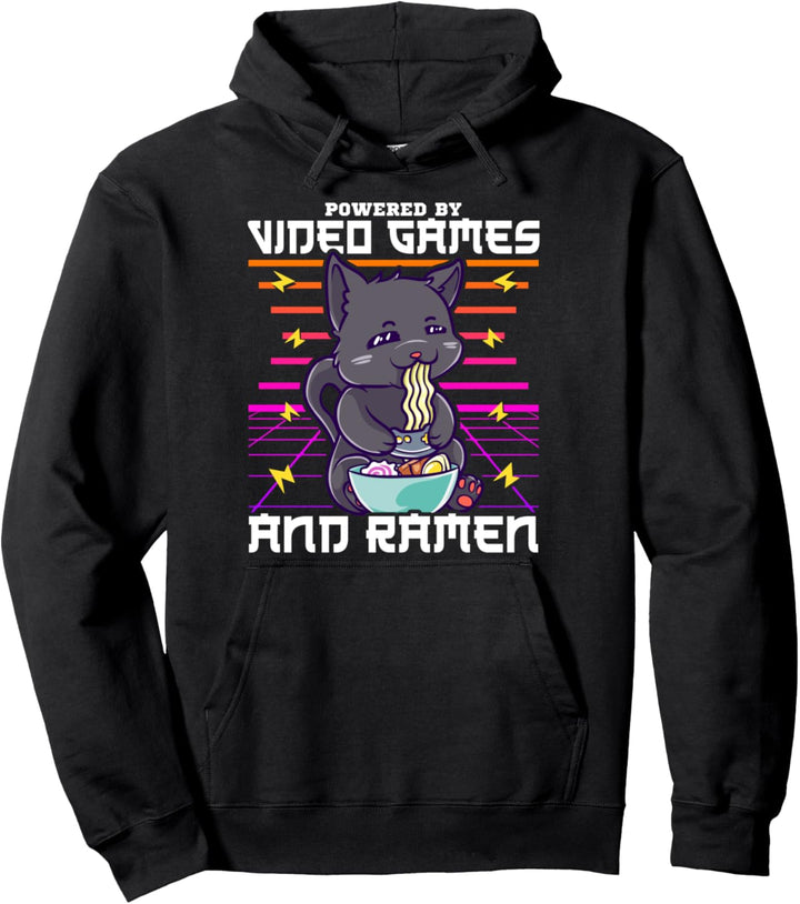 Powered By Video Games & Ramen Anime Cat Pullover Hoodie