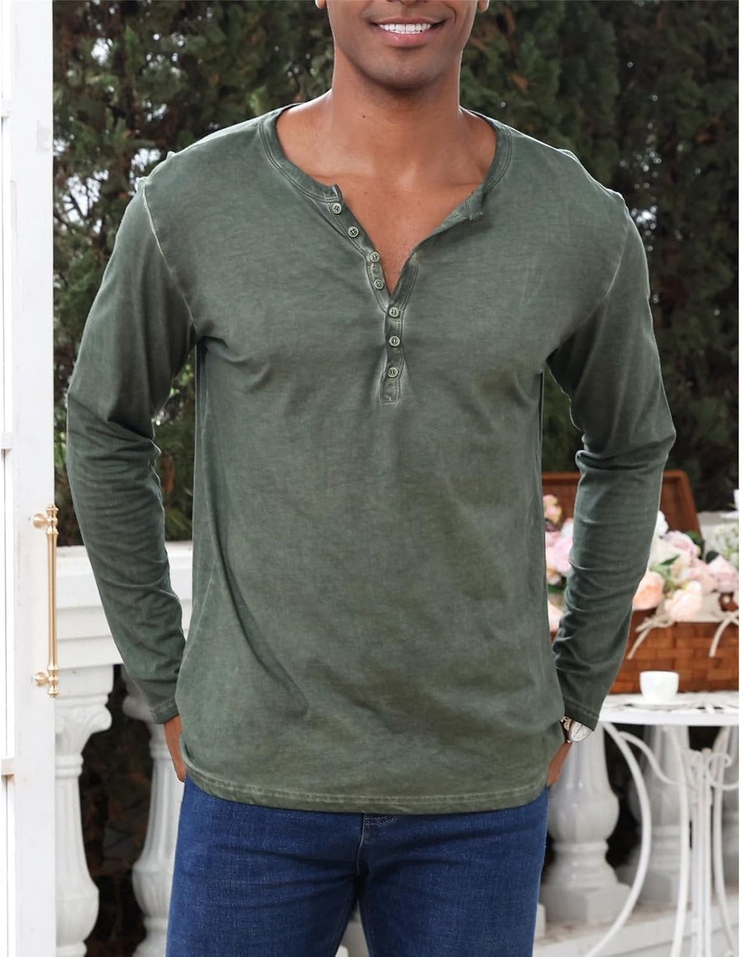 YawYews Henley Shirt Herren Langarm Langarmshirt Herren Longsleeve T Shirt Vintage Tshirt Baumwolle