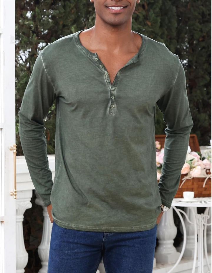 YawYews Henley Shirt Herren Langarm Langarmshirt Herren Longsleeve T Shirt Vintage Tshirt Baumwolle