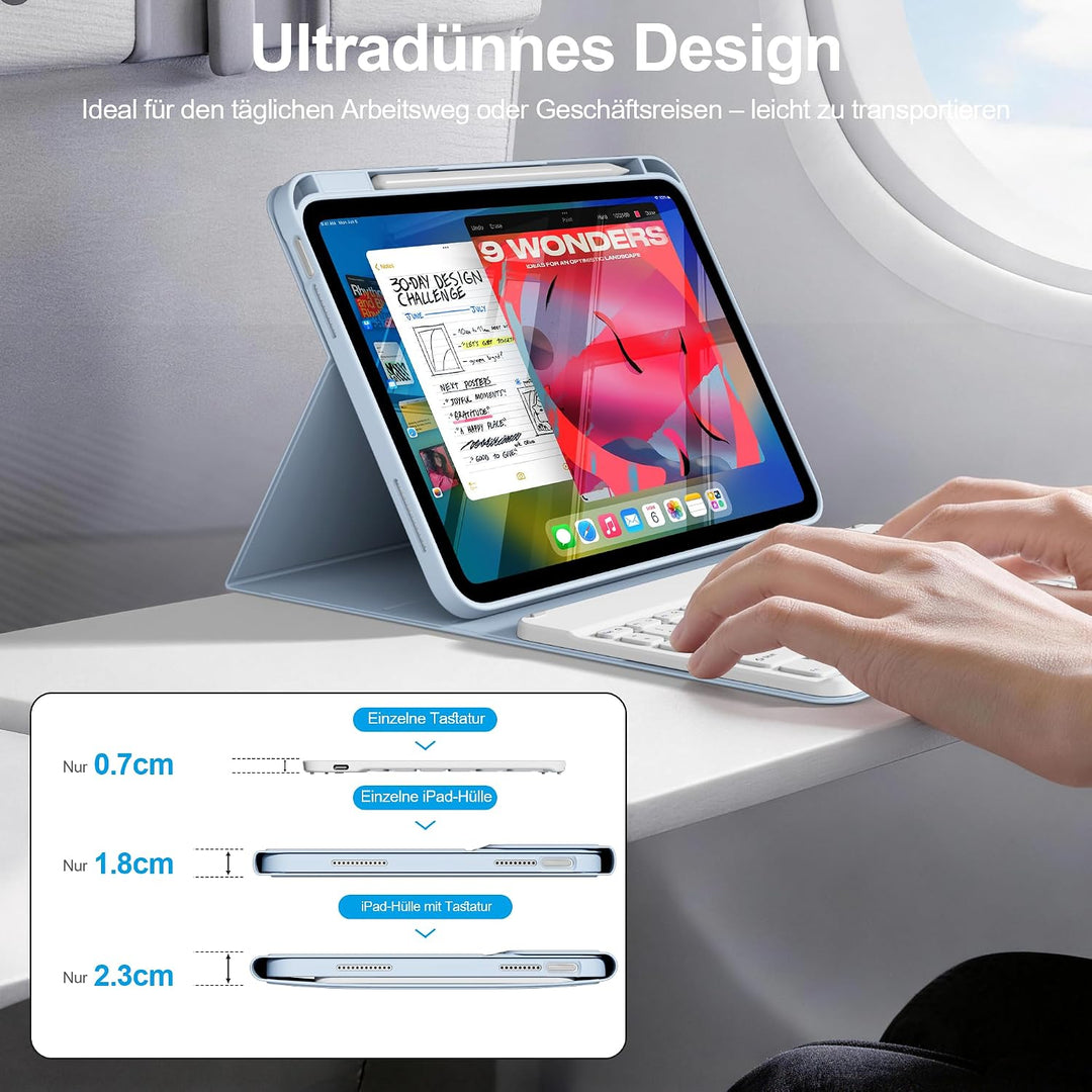 Tastatur Hülle für iPad A16 11. Gen/iPad 10. Gen, QWERTZ, Hellblau, Hellblau