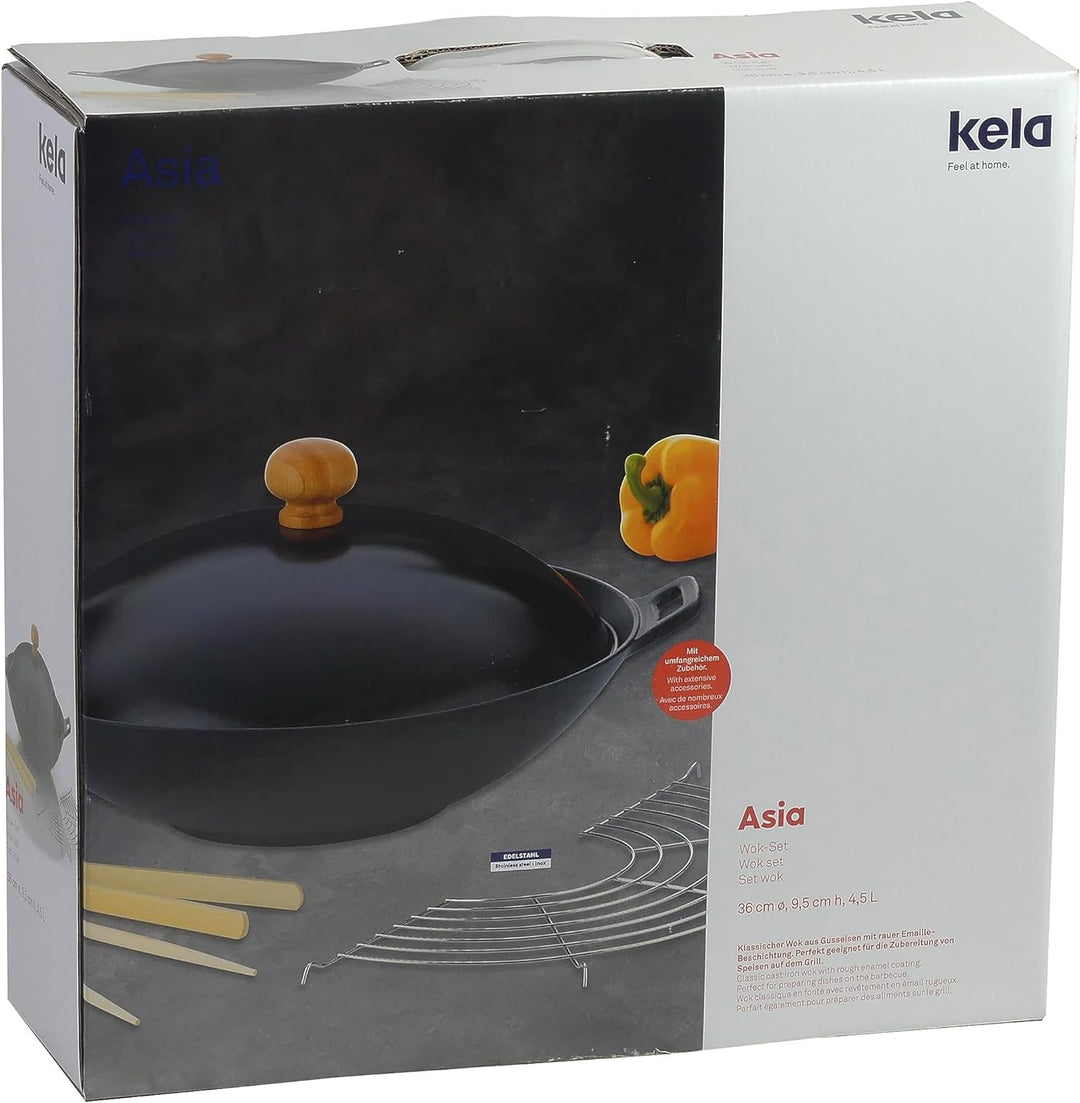 Kela 77943 Wok-Set mit Deckel, Induktionsgeeigent, 36 cm Durchmesser, Wok-Set Asia, 36 x 36 x 10 cm