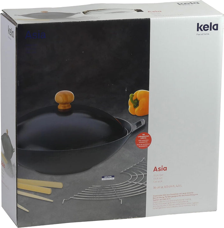 Kela 77943 Wok-Set mit Deckel, Induktionsgeeigent, 36 cm Durchmesser, Wok-Set Asia, 36 x 36 x 10 cm