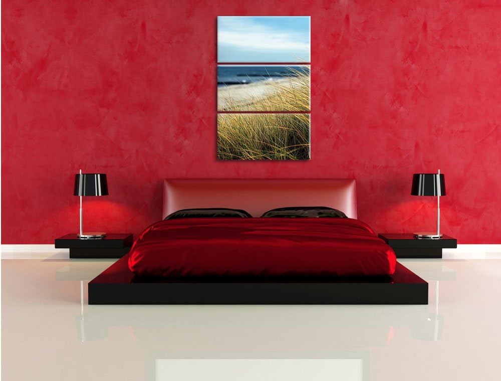 Pixxprint Sanddünen mit Schilfgras am Meer 3-Teiler Leinwandbild 120x80 Bild auf Leinwand