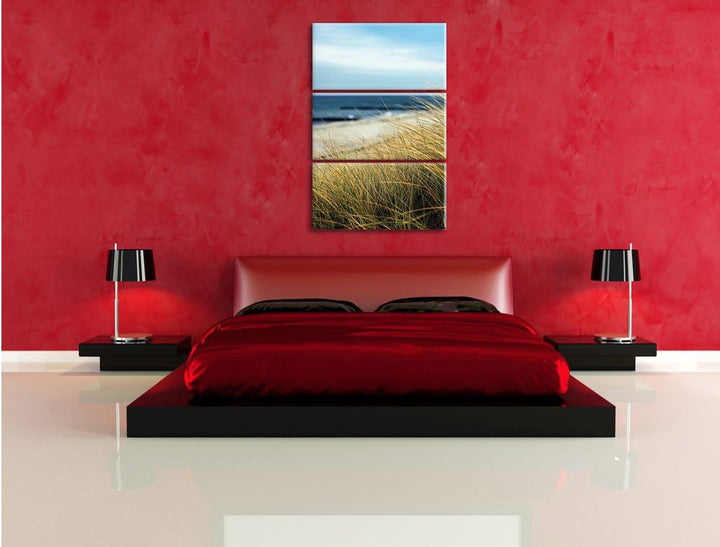 Pixxprint Sanddünen mit Schilfgras am Meer 3-Teiler Leinwandbild 120x80 Bild auf Leinwand