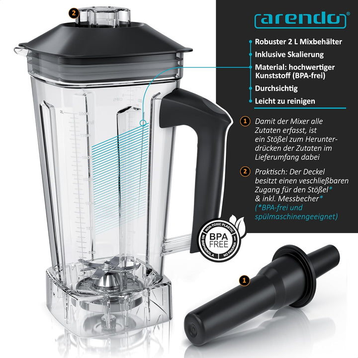Arendo - Standmixer 2000 Watt mit Touchpanel - Hochleitungsmixer - 2L - 9 Geschwindigkeitsstufen – m