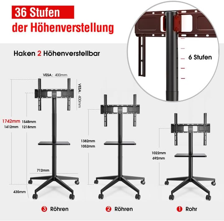 AOKCOS TV Bodenständer Rollbar mit Ablage, TV Ständer mit Rollen für 32-65 Zoll Fernseher bis 40 kg,