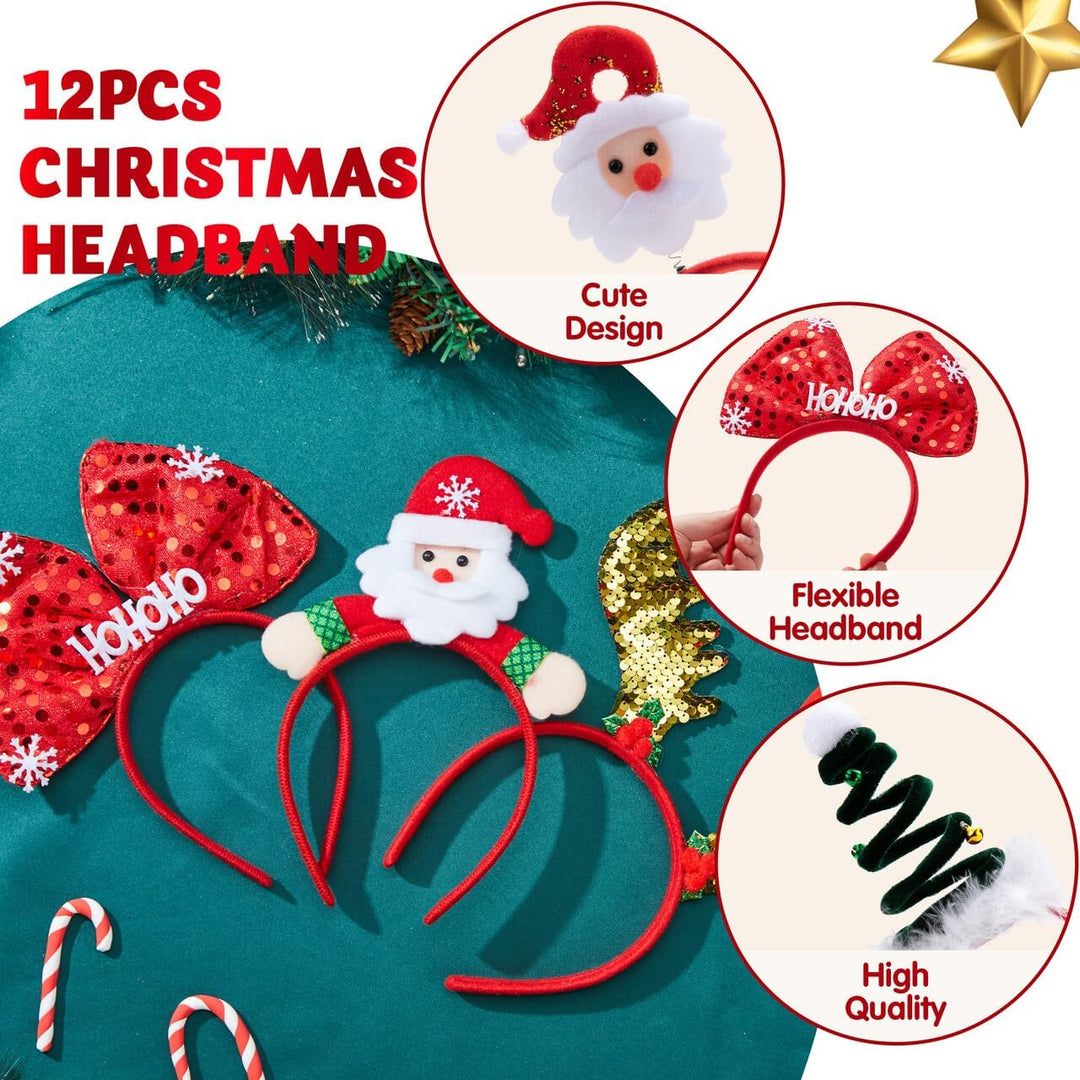 JOYIN 12 Packungen Weihnachts-Stirnbänder mit verschiedenen Designs, Weihnachts-Kopfbedeckungen, Fei