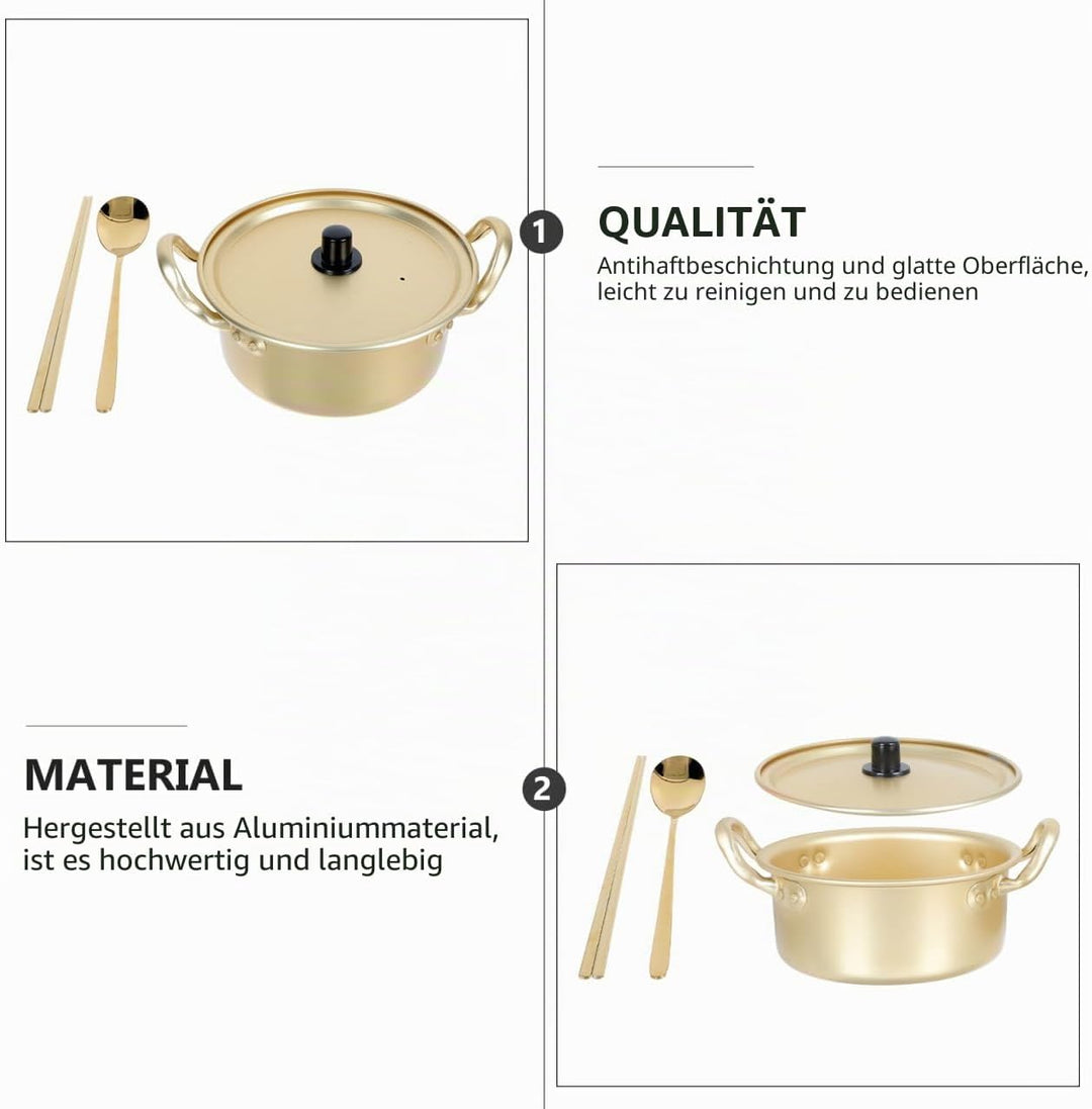 YARNOW Double Ears Nudeltopf 1 Set Koreanische Ramen Topf Aluminium Kochtopf mit Deckel Löffel Stäbc