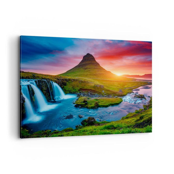 Bilder auf Leinwand 100x70cm Leinwandbild Sonnenuntergang Wasserfall Island Vulkan Gross Wanddeko Bi