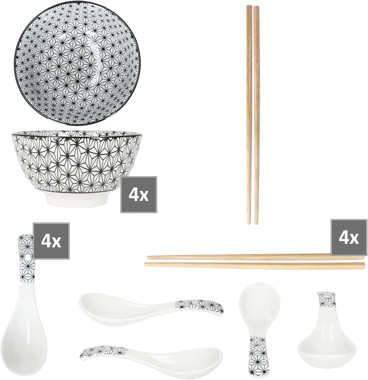 MamboCat Sushi Set für 4 Personen I asiatisches Geschirr Set aus Keramik &amp; Bambus I schwarz weiss I
