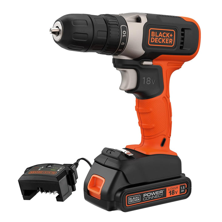 Black+Decker Akku-Bohrschrauber (18V/1.5 Ah, 10mm Schnellspannbohrfutter, 10-stufige Drehmomentvorwa