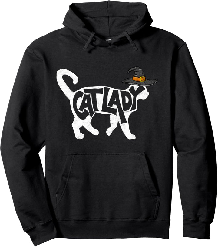 Cat Lady Funny White Cat in Witch Hat Typography Halloween Pullover Hoodie
