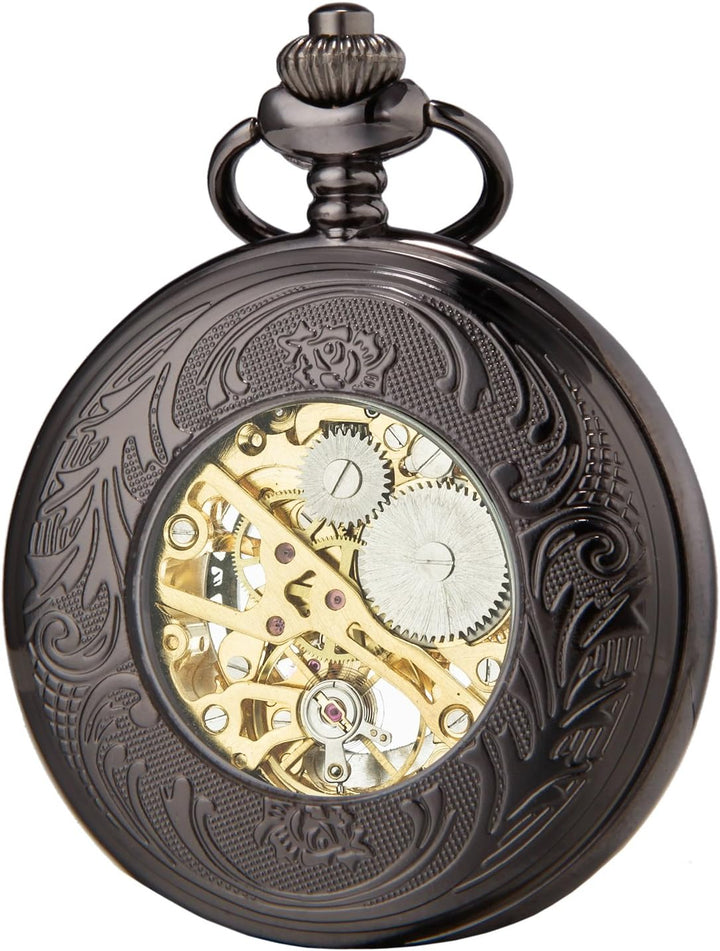 SEWOR Mens Luminous Dial Hand Wind Mechanical Pocket Watch with Brand Leather Gift Box (Stand Up Bla