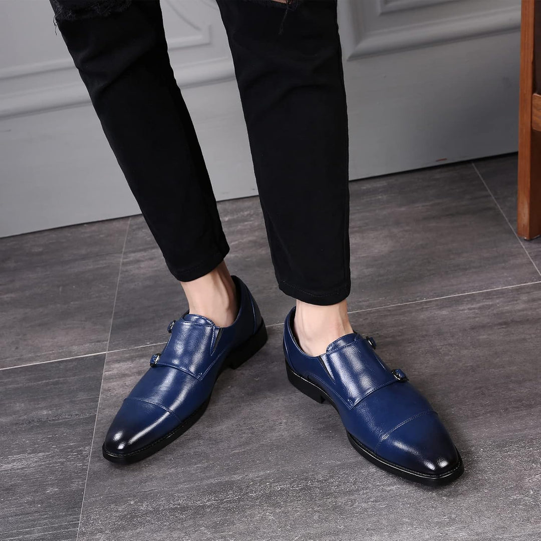ANUFER Männer Smart Monk Brogues Formale Abendschuhe Aus Echtem Leder mit Holzabsatz 43 EU Navy Kuns